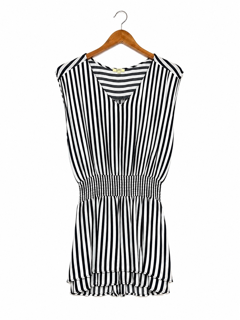 Kori America Black White Striped Dress Large Smocked Waist Sleeveless